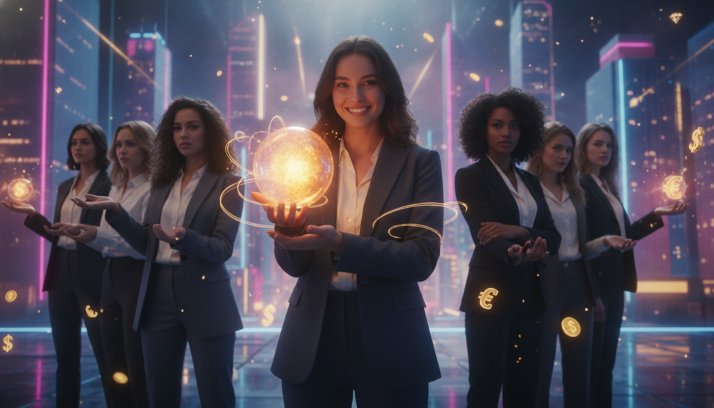 A dynamic and vibrant scene illustrating the concept of "money mindset and manifestation," featuring a diverse group of young women in professional business attire, exuding confidence and positivity. In the foreground, a woman holds a glowing orb of light representing abundance, her expression radiating joy and belief. The middle section showcases a surreal urban environment with neon colors, where money symbols and streams of coins subtly float around, creating an ethereal atmosphere. The background features a dreamy skyline with shimmering lights, symbolizing opportunities and wealth. Soft, warm lighting accentuates the subjects, with a slight bokeh effect to enhance the focus on the central figures, evoking a sense of empowerment and aspiration in a high-end magazine advertisement style.