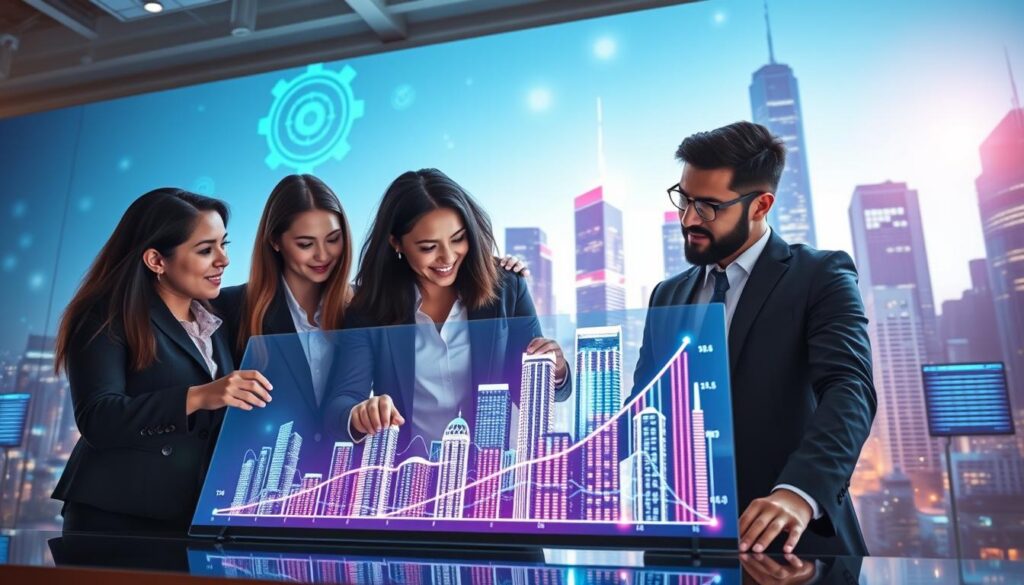 A dynamic business scene capturing the essence of the "Law of Compensation" and the "Law of Cause and Effect." In the foreground, a diverse group of four young professionals, dressed in modern business attire, collaborate over a digital presentation with graphs showcasing upward income trends. The middle layer features a glowing, futuristic city skyline with neon colors, symbolizing growth and opportunity. In the background, abstract representations of cause and effect, like interlinked gears or flowing data streams, create a sense of motion and connection. The lighting is bright and vibrant, casting a motivational glow across the scene. The angle is slightly elevated, capturing both the professionals and the bustling city, evoking an atmosphere of ambition and potential. A dynamic business scene capturing the essence of the "Law of Compensation" and the "Law of Cause and Effect." In the foreground, a diverse group of four young professionals, dressed in modern business attire, collaborate over a digital presentation with graphs showcasing upward income trends. The middle layer features a glowing, futuristic city skyline with neon colors, symbolizing growth and opportunity. In the background, abstract representations of cause and effect, like interlinked gears or flowing data streams, create a sense of motion and connection. The lighting is bright and vibrant, casting a motivational glow across the scene. The angle is slightly elevated, capturing both the professionals and the bustling city, evoking an atmosphere of ambition and potential.