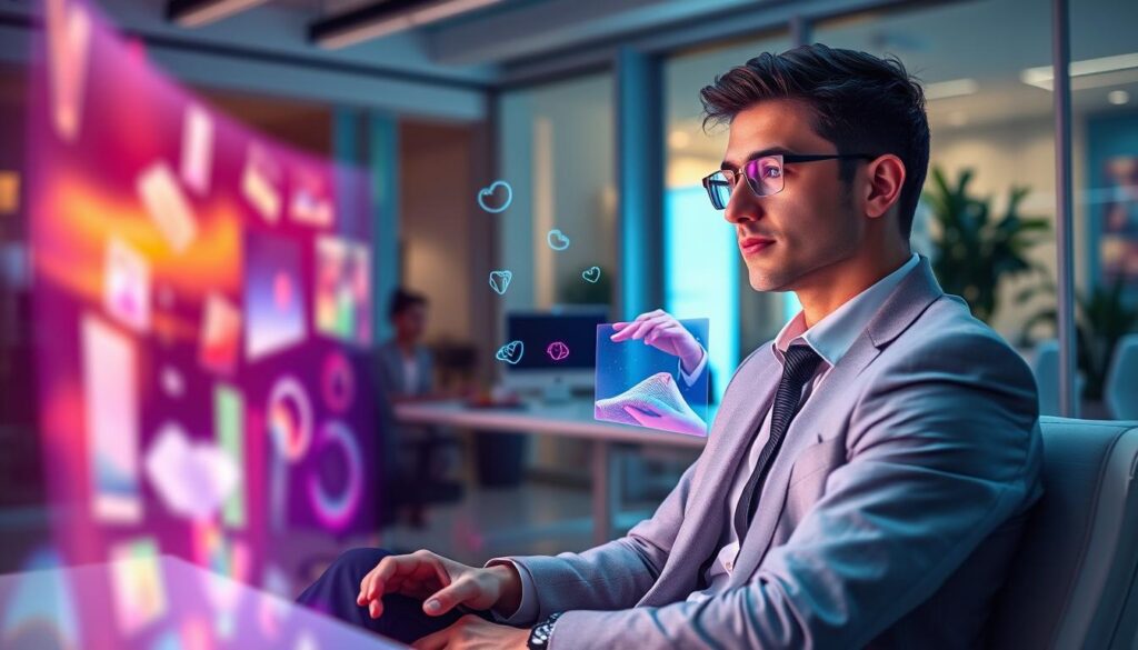 A dynamic representation of "mind movies manifestation," featuring an adult Gen Z individual in professional business attire seated in a sleek, modern workspace. In the foreground, the subject is looking intently at a vibrant holographic display projecting a series of dream-like images in neon colors, symbolizing aspirations and goals. In the middle ground, soft, ethereal visuals of fleeting thoughts and vivid dreams swirl around, creating a sense of motion. The background showcases a stylish office with soft lighting, accentuating a creative and inspiring atmosphere. Use a bright, surreal color palette to convey energy and excitement, with a slightly blurred focus to evoke the dream core aesthetic, shot from a low angle to enhance the subject's engagement with the manifestation process. A dynamic representation of "mind movies manifestation," featuring an adult Gen Z individual in professional business attire seated in a sleek, modern workspace. In the foreground, the subject is looking intently at a vibrant holographic display projecting a series of dream-like images in neon colors, symbolizing aspirations and goals. In the middle ground, soft, ethereal visuals of fleeting thoughts and vivid dreams swirl around, creating a sense of motion. The background showcases a stylish office with soft lighting, accentuating a creative and inspiring atmosphere. Use a bright, surreal color palette to convey energy and excitement, with a slightly blurred focus to evoke the dream core aesthetic, shot from a low angle to enhance the subject's engagement with the manifestation process.