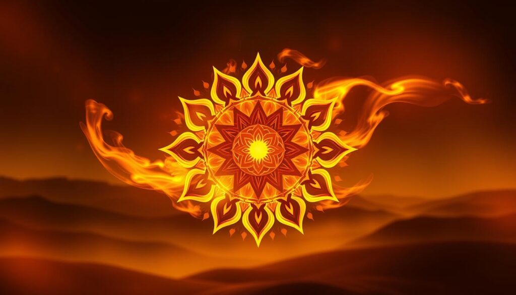 A dynamic representation of the Manipura symbol, glowing with vibrant yellows and golds to embody the solar plexus chakra. In the foreground, the symbol is intricately designed, radiating a fiery aura that symbolizes confidence and inner strength. The middle layer features swirling flames, merging with ethereal light bursts, creating a sense of movement and energy. The background includes a serene, abstract landscape in darker tones, contrasting with the bright foreground, enhancing the focus on the symbol. The lighting is dramatic, with a warm, radiant glow illuminating the symbol while casting soft shadows. The overall mood is one of empowerment and inspiration, perfect for a high-end magazine aesthetic aimed at a young adult audience. A dynamic representation of the Manipura symbol, glowing with vibrant yellows and golds to embody the solar plexus chakra. In the foreground, the symbol is intricately designed, radiating a fiery aura that symbolizes confidence and inner strength. The middle layer features swirling flames, merging with ethereal light bursts, creating a sense of movement and energy. The background includes a serene, abstract landscape in darker tones, contrasting with the bright foreground, enhancing the focus on the symbol. The lighting is dramatic, with a warm, radiant glow illuminating the symbol while casting soft shadows. The overall mood is one of empowerment and inspiration, perfect for a high-end magazine aesthetic aimed at a young adult audience.
