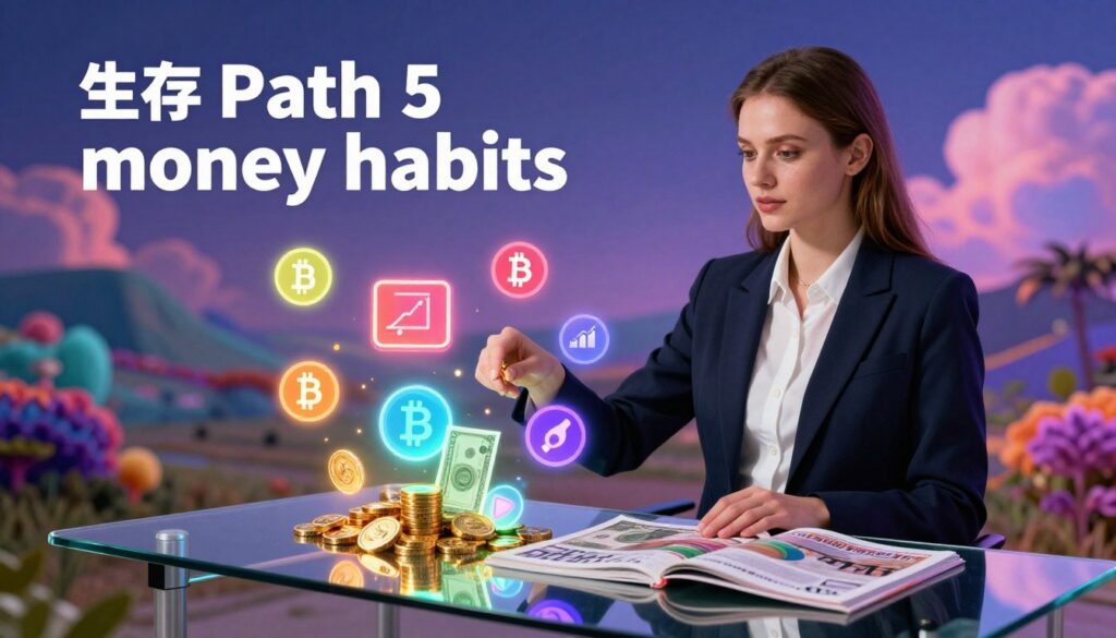 A dynamic scene illustrating the concept of "Life Path 5 money habits," featuring a young Caucasian woman in professional business attire, confidently managing diverse streams of income. In the foreground, she stands at a sleek glass desk adorned with vibrant, glowing financial symbols, such as coins and currency notes, reflected in a high-end magazine style. The middle ground showcases various colorful cryptocurrency icons and investment charts, symbolizing variety and creativity in money management. The background is filled with a dreamy, abstract landscape of neon colors, evoking a sense of freedom and adventure. Soft, ambient lighting casts a motivational glow, highlighting the energy and potential in the scene, aiming to inspire an audience of adult Gen Z. The composition captures a balance between professionalism and modern vibrancy. A dynamic scene illustrating the concept of "Life Path 5 money habits," featuring a young Caucasian woman in professional business attire, confidently managing diverse streams of income. In the foreground, she stands at a sleek glass desk adorned with vibrant, glowing financial symbols, such as coins and currency notes, reflected in a high-end magazine style. The middle ground showcases various colorful cryptocurrency icons and investment charts, symbolizing variety and creativity in money management. The background is filled with a dreamy, abstract landscape of neon colors, evoking a sense of freedom and adventure. Soft, ambient lighting casts a motivational glow, highlighting the energy and potential in the scene, aiming to inspire an audience of adult Gen Z. The composition captures a balance between professionalism and modern vibrancy.