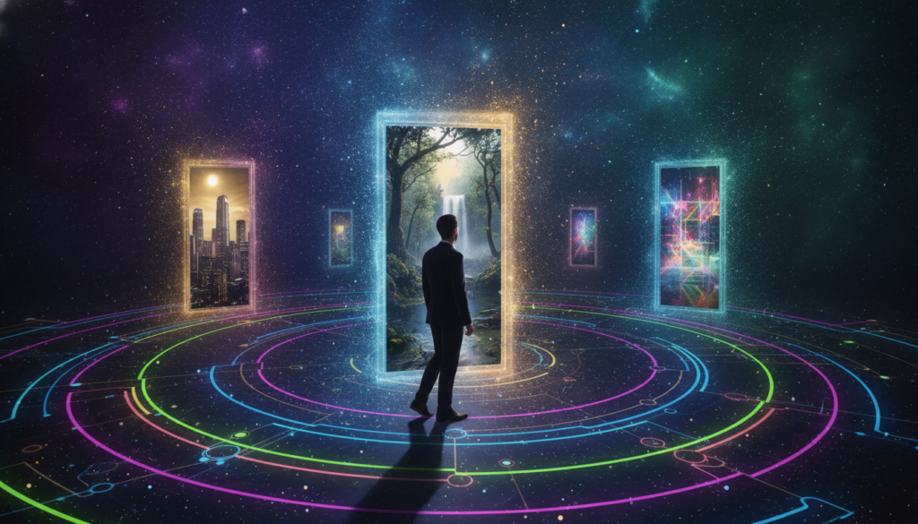 A dynamic scene illustrating the concept of quantum jumping theory, featuring a figure in professional business attire standing at a nexus of shifting realities. In the foreground, vibrant neon patterns swirl around the figure, depicting various alternate timelines with glowing pathways and celestial elements, like stars and cosmic phenomena, conveying a sense of infinite possibilities. The middle ground showcases translucent, ethereal doors opening to diverse landscapes—luxurious cities, serene nature, and abstract realms, symbolizing wealth and abundance. The background is filled with a cosmic expanse, blending colors of deep blues, purples, and bright greens, with sparkling lights illuminating the whole scene, creating an atmosphere of excitement and exploration. The lighting should be dramatic, highlighting the figure's contemplative expression as they prepare to leap into a new timeline.