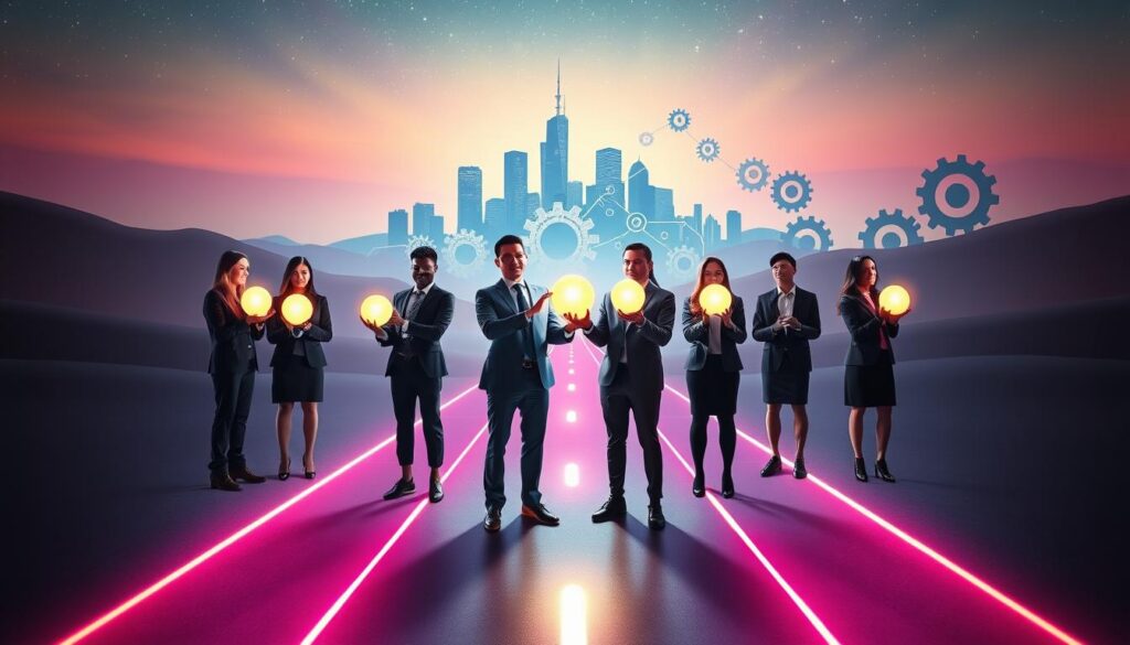 A dynamic scene showcasing the benefits of focused goals in a surreal, dreamlike landscape. In the foreground, a diverse group of young professionals in smart business attire stands together, each holding a glowing orb representing their intentions. The middle ground features a vibrant pathway illuminated by neon colors, leading to a horizon filled with abstract representations of success: a gleaming city skyline, flourishing nature, and interconnected gears symbolizing productivity. The background is a soft gradient of pastel colors blending into a starry night sky, creating an inspiring atmosphere. The lighting is dramatic, emphasizing the glow of the orbs and casting soft shadows, enhancing the overall mood of aspiration and achievement. Use a wide-angle perspective to capture the expansive feeling of limitless potential. A dynamic scene showcasing the benefits of focused goals in a surreal, dreamlike landscape. In the foreground, a diverse group of young professionals in smart business attire stands together, each holding a glowing orb representing their intentions. The middle ground features a vibrant pathway illuminated by neon colors, leading to a horizon filled with abstract representations of success: a gleaming city skyline, flourishing nature, and interconnected gears symbolizing productivity. The background is a soft gradient of pastel colors blending into a starry night sky, creating an inspiring atmosphere. The lighting is dramatic, emphasizing the glow of the orbs and casting soft shadows, enhancing the overall mood of aspiration and achievement. Use a wide-angle perspective to capture the expansive feeling of limitless potential.