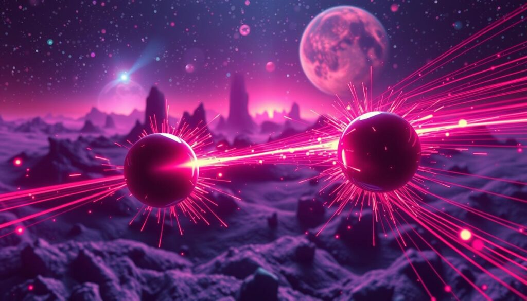 A dynamic visualization of quantum physics particle transition in a dreamcore style, showcasing vibrant neon colors. In the foreground, sharply defined particles are depicted in mid-transition, with energetic motion trails extending outwards, symbolizing quantum jumps. The middle ground features a surreal landscape of abstract shapes and fractals, representing theoretical constructs and the dual nature of particles. The background is a deep, cosmic expanse sprinkled with stars and swirling nebulae, enhancing the sense of vastness and mystery. Use a high-contrast lighting scheme to create a dramatic effect, with a focus on dynamic angles that suggest movement and depth. The mood should evoke curiosity and wonder, inviting viewers to explore the intricate concepts of quantum physics. A dynamic visualization of quantum physics particle transition in a dreamcore style, showcasing vibrant neon colors. In the foreground, sharply defined particles are depicted in mid-transition, with energetic motion trails extending outwards, symbolizing quantum jumps. The middle ground features a surreal landscape of abstract shapes and fractals, representing theoretical constructs and the dual nature of particles. The background is a deep, cosmic expanse sprinkled with stars and swirling nebulae, enhancing the sense of vastness and mystery. Use a high-contrast lighting scheme to create a dramatic effect, with a focus on dynamic angles that suggest movement and depth. The mood should evoke curiosity and wonder, inviting viewers to explore the intricate concepts of quantum physics.
