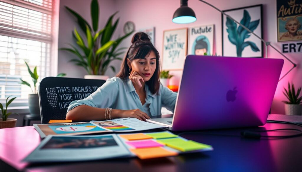 A focused adult Gen Z woman seated at a stylish desk, thoughtfully contemplating her goals for manifestation. She is surrounded by a softly glowing ambient light in vibrant neon colors, reflecting a dreamcore aesthetic. In the foreground, a selection of vision boards and colorful sticky notes representing various aspirations are spread out before her, showcasing clear and specific manifestations. In the middle ground, a sleek laptop displays an inspiring quote about goal-setting. The background features a trendy, well-lit room adorned with plants and motivational artwork, creating an uplifting atmosphere. The lens captures a close-up angle to emphasize her introspection while keeping the scene bright and optimistic, embodying the excitement of pursuing one's dreams. A focused adult Gen Z woman seated at a stylish desk, thoughtfully contemplating her goals for manifestation. She is surrounded by a softly glowing ambient light in vibrant neon colors, reflecting a dreamcore aesthetic. In the foreground, a selection of vision boards and colorful sticky notes representing various aspirations are spread out before her, showcasing clear and specific manifestations. In the middle ground, a sleek laptop displays an inspiring quote about goal-setting. The background features a trendy, well-lit room adorned with plants and motivational artwork, creating an uplifting atmosphere. The lens captures a close-up angle to emphasize her introspection while keeping the scene bright and optimistic, embodying the excitement of pursuing one's dreams.