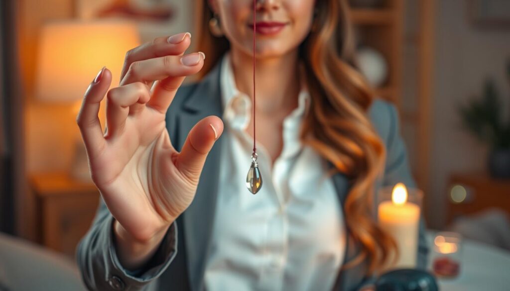 A focused close-up image of a person demonstrating how to hold a pendulum correctly for dowsing. The individual, dressed in professional business attire, is depicted with a serene expression, standing in a cozy, softly lit environment that incorporates warm, dreamy neon colors. The foreground features the pendulum suspended between their fingers, illustrating just the right grip with a slight tension in the cord, allowing it to swing freely. In the middle ground, the person's hand is gently positioned with a relaxed wrist, and the background should include a blurred table with gemstones and a softly glowing candle, enhancing the atmosphere of calm concentration. The lighting is soft but clear, conveying a sense of mindfulness and focus, suitable for an informative article.