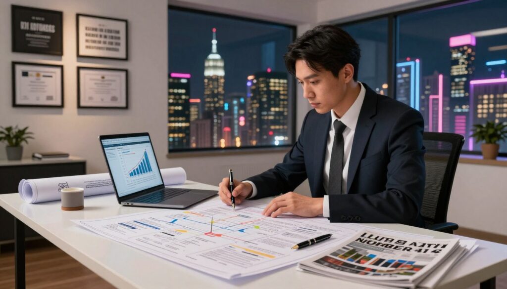 A focused professional in business attire, seated at a sleek modern desk cluttered with blueprints and career planning tools, embodies the essence of Life Path Number 4, symbolizing discipline and skill. The foreground features a strategic planner filled with notes, a laptop displaying career graphs, and a stylish pen, all exuding ambition. In the middle ground, a wall adorned with motivational quotes and framed certificates reflects personal achievements and growth. The background showcases a glowing city skyline through a large window, illuminated by neon colors, suggesting endless possibilities and future success. Soft, ambient lighting creates a warm and inspiring atmosphere, emphasizing determination and focus, while maintaining a magazine advertisement feel. The angle captures both the subject and their workspace, inviting viewers into a world of professional aspiration.
