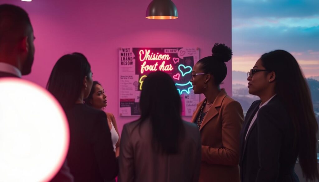 A focused, serene scene showcasing the "Whisper Method" manifestation technique. In the foreground, a diverse group of adults in stylish, professional attire gathers in a softly lit, modern workspace. Each person is engaged in quiet contemplation, whispering affirmations to one another, their expressions reflecting determination and hope. In the middle ground, a beautifully designed vision board is pinned to a wall, adorned with vibrant neon colors, symbolizing dreams and aspirations. The background features an abstract, dreamcore-inspired landscape, blended with ethereal lighting that creates a sense of magic and possibility. The overall mood is both inspiring and introspective, conveying the power of collective intention and the beauty of manifestation. Use a soft focus lens for a slight glow effect. A focused, serene scene showcasing the "Whisper Method" manifestation technique. In the foreground, a diverse group of adults in stylish, professional attire gathers in a softly lit, modern workspace. Each person is engaged in quiet contemplation, whispering affirmations to one another, their expressions reflecting determination and hope. In the middle ground, a beautifully designed vision board is pinned to a wall, adorned with vibrant neon colors, symbolizing dreams and aspirations. The background features an abstract, dreamcore-inspired landscape, blended with ethereal lighting that creates a sense of magic and possibility. The overall mood is both inspiring and introspective, conveying the power of collective intention and the beauty of manifestation. Use a soft focus lens for a slight glow effect.