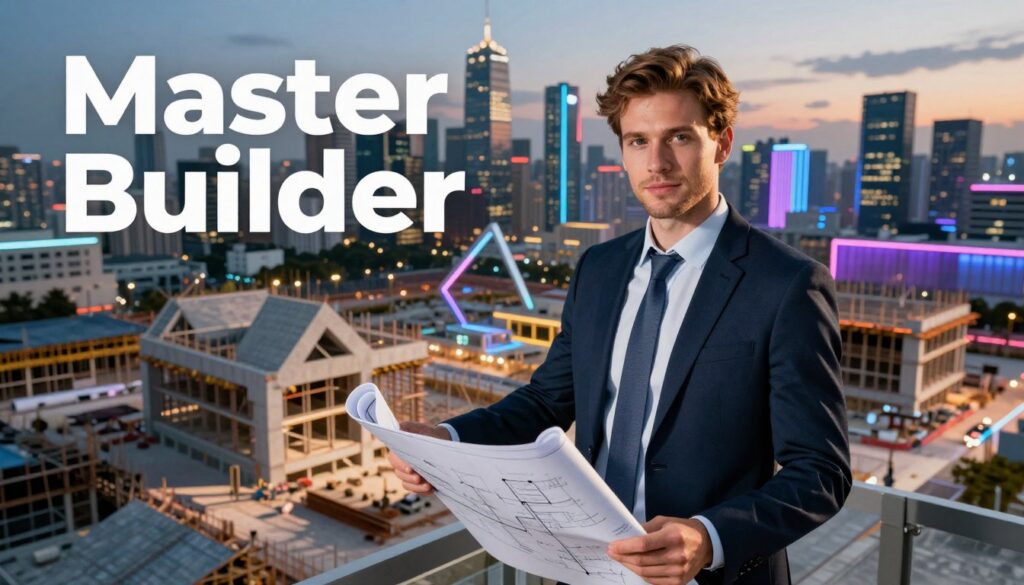 A futuristic, artistic representation of the "Master Builder" life path, showcasing a confident, young Caucasian architect in professional attire, standing at a construction site. In the foreground, the architect holds blueprints with intricate designs, symbolizing visionary ideas. The middle ground features partially constructed structures with geometric shapes, illustrating innovation and creativity. The background showcases a city skyline with modern architecture, illuminated by vibrant neon colors under a twilight sky. Utilize dramatic lighting to cast dynamic shadows, enhancing the depth of the scene. The overall mood should convey ambition and determination, reflecting the spirit of mastery and potential inherent in Master Number Twenty-Two. Use a high-angle perspective for an impressive view, mimicking a high-end magazine advertisement style. A futuristic, artistic representation of the "Master Builder" life path, showcasing a confident, young Caucasian architect in professional attire, standing at a construction site. In the foreground, the architect holds blueprints with intricate designs, symbolizing visionary ideas. The middle ground features partially constructed structures with geometric shapes, illustrating innovation and creativity. The background showcases a city skyline with modern architecture, illuminated by vibrant neon colors under a twilight sky. Utilize dramatic lighting to cast dynamic shadows, enhancing the depth of the scene. The overall mood should convey ambition and determination, reflecting the spirit of mastery and potential inherent in Master Number Twenty-Two. Use a high-angle perspective for an impressive view, mimicking a high-end magazine advertisement style.