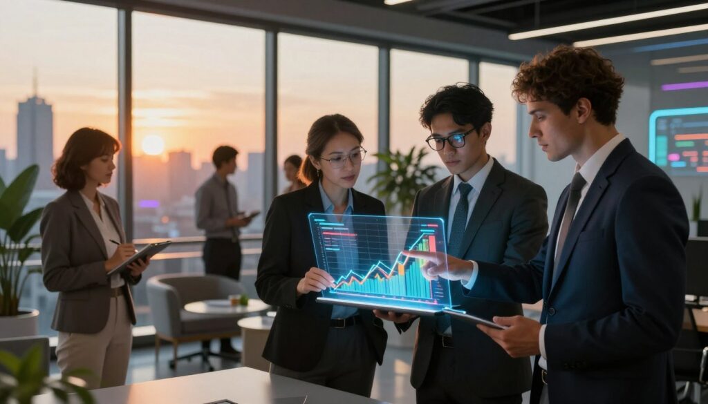 A futuristic office environment with large windows overlooking a city skyline during sunset, casting a warm golden glow. In the foreground, a diverse group of adults in professional business attire, representing Gen Z, are discussing a transparent financial chart on a modern digital tablet. One individual is pointing at clear, vibrant graphs showcasing growth metrics, while another is taking notes with a focused expression. The middle ground features sleek furniture and plants, creating a sophisticated atmosphere. The background reveals a neon-lit city with an energetic vibe, enhancing the theme of innovation and ambition. Soft, ambient lighting contributes to an inspiring mood, encapsulating the essence of turning hard work into a strategic vision for wealth-building.