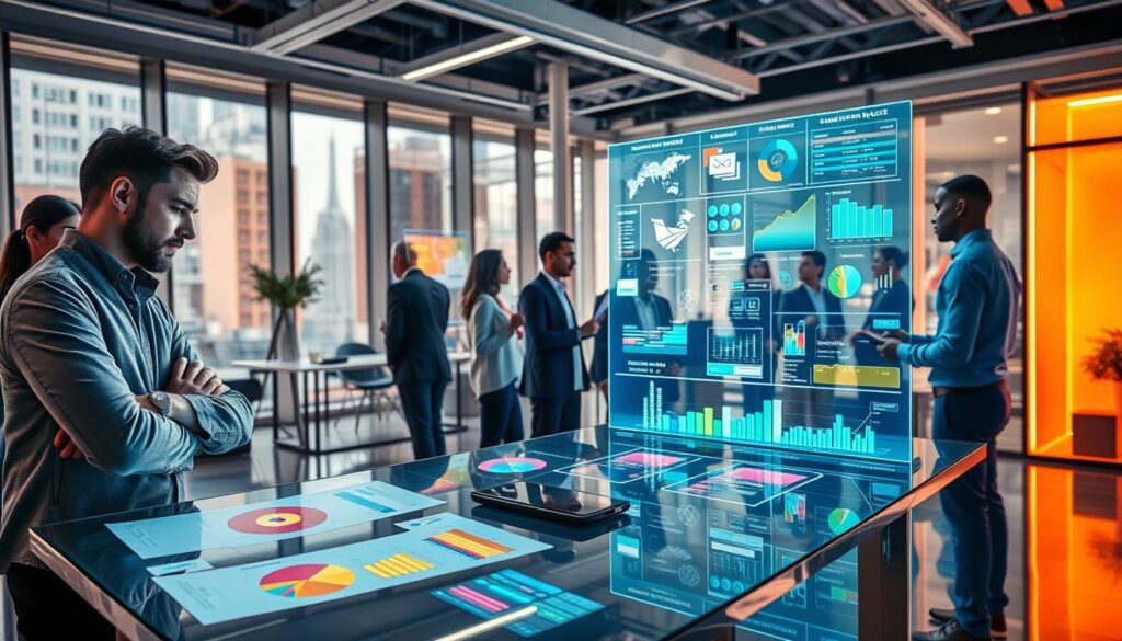 A futuristic, vibrant scene depicting a professional business environment where diverse individuals are brainstorming and collaborating. In the foreground, a confident young adult in smart casual attire stands at a sleek glass table covered with colorful charts and digital devices, symbolizing market analysis. The middle ground shows a diverse team engaging in discussion, surrounded by holographic displays showcasing customer data and trending products, illuminated by neon colors. The background features a modern office space filled with large windows and urban views, creating a bright and inspirational atmosphere. Soft, dynamic lighting accentuates the energy of the scene, evoking a sense of innovation and possibility. The composition is shot from a slightly elevated angle, giving a comprehensive view of the collaborative effort to uncover customer value. A futuristic, vibrant scene depicting a professional business environment where diverse individuals are brainstorming and collaborating. In the foreground, a confident young adult in smart casual attire stands at a sleek glass table covered with colorful charts and digital devices, symbolizing market analysis. The middle ground shows a diverse team engaging in discussion, surrounded by holographic displays showcasing customer data and trending products, illuminated by neon colors. The background features a modern office space filled with large windows and urban views, creating a bright and inspirational atmosphere. Soft, dynamic lighting accentuates the energy of the scene, evoking a sense of innovation and possibility. The composition is shot from a slightly elevated angle, giving a comprehensive view of the collaborative effort to uncover customer value.