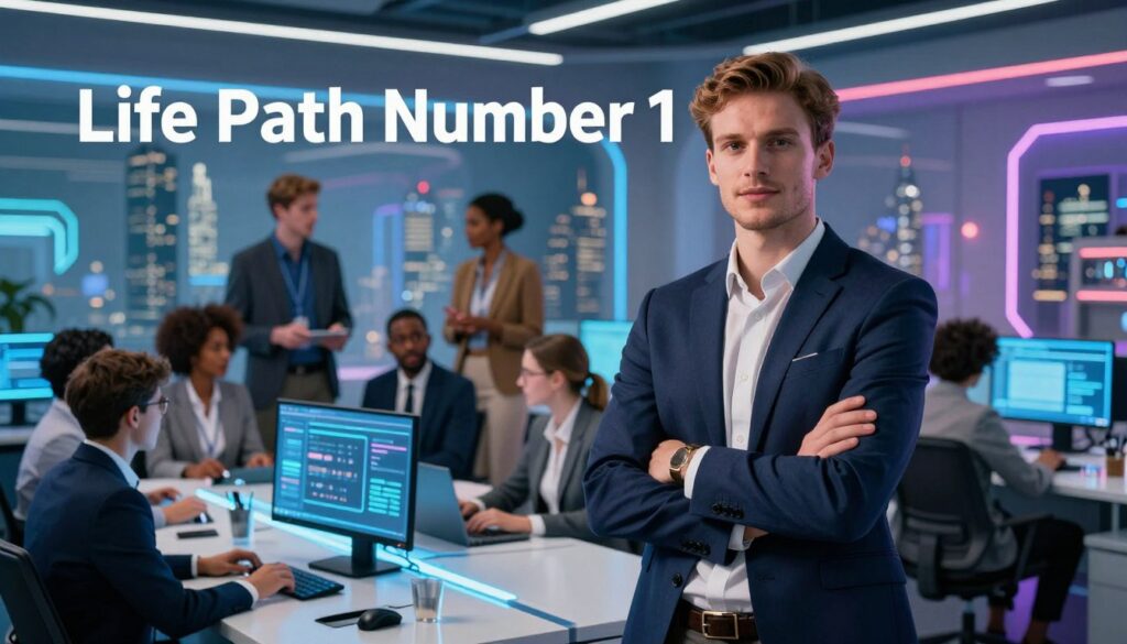 A futuristic workplace scene showcasing various career options for Life Path Number 1 individuals. In the foreground, a confident young Caucasian entrepreneur in smart business attire stands with arms crossed, symbolizing leadership. In the middle ground, a diverse group of professionals engaged in dynamic discussions, some at a high-tech conference table, others collaborating at digital workstations, all exuding ambition and drive. The background features a modern city skyline illuminated with neon colors, hinting at innovation and opportunity. Soft, ambient lighting creates a vibrant atmosphere, promoting a sense of hope and possibility. The overall composition should echo the essence of a high-end magazine advertisement, appealing to adult Gen Z ambition and vision for success. A futuristic workplace scene showcasing various career options for Life Path Number 1 individuals. In the foreground, a confident young Caucasian entrepreneur in smart business attire stands with arms crossed, symbolizing leadership. In the middle ground, a diverse group of professionals engaged in dynamic discussions, some at a high-tech conference table, others collaborating at digital workstations, all exuding ambition and drive. The background features a modern city skyline illuminated with neon colors, hinting at innovation and opportunity. Soft, ambient lighting creates a vibrant atmosphere, promoting a sense of hope and possibility. The overall composition should echo the essence of a high-end magazine advertisement, appealing to adult Gen Z ambition and vision for success.
