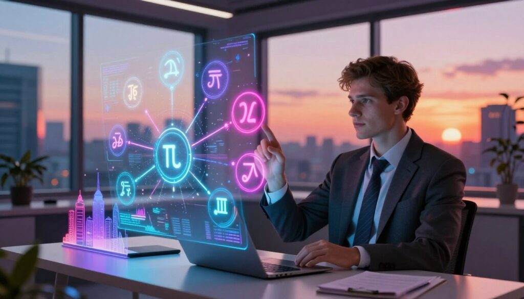 A futuristic workspace inspired by Dreamcore, emphasizing the concept of career paths and midheaven signs. In the foreground, a young Caucasian professional in stylish business attire is thoughtfully analyzing vibrant astrological symbols representing midheaven signs, illuminated by neon colors. The middle ground features a sleek desk with a holographic display showcasing various career paths corresponding to each sign, surrounded by artistic representations of success, like mountains and city skylines. In the background, large windows reveal a modern urban landscape, reflecting a vibrant sunset that casts warm, dynamic lighting throughout the space. The mood is innovative and aspirational, blending modern aesthetics with mystical elements, capturing the journey towards achieving one’s career goals. A futuristic workspace inspired by Dreamcore, emphasizing the concept of career paths and midheaven signs. In the foreground, a young Caucasian professional in stylish business attire is thoughtfully analyzing vibrant astrological symbols representing midheaven signs, illuminated by neon colors. The middle ground features a sleek desk with a holographic display showcasing various career paths corresponding to each sign, surrounded by artistic representations of success, like mountains and city skylines. In the background, large windows reveal a modern urban landscape, reflecting a vibrant sunset that casts warm, dynamic lighting throughout the space. The mood is innovative and aspirational, blending modern aesthetics with mystical elements, capturing the journey towards achieving one’s career goals.