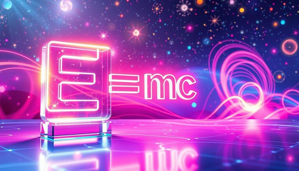 A glowing representation of Einstein’s mass-energy equation E=mc², illustrated creatively with bright neon colors reminiscent of a high-end magazine advertisement. In the foreground, a transparent, crystalline version of the equation floats above a futuristic surface, reflecting light dynamically. In the middle ground, swirling energy waves in vibrant colors symbolize the transformation of mass to energy, creating a sense of movement and depth. The background features a cosmic landscape filled with stars, galaxies, and abstract representations of science and technology, lit by soft, ethereal lighting to create a dreamy atmosphere. Incorporate a wide-angle perspective, enhancing the sense of depth and grandeur, making the entire scene immersive and visually captivating, appealing to adult Gen Z viewers.