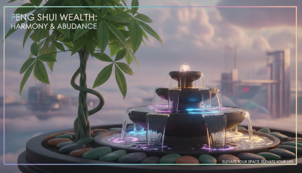 A harmonious arrangement of the feng shui wealth elements—wood, water, and earth—set in a serene and elegant environment. In the foreground, a lush, thriving plant (wood element) with vibrant green leaves representing prosperity. The middle layer features a gracefully flowing water fountain (water element), reflecting shimmering light in neon hues, symbolizing abundance and clarity. Surrounding the fountain, polished earth stones (earth element) create a calming, grounding effect. The background is softly illuminated with ambient lighting, enhancing the tranquil atmosphere, giving a sense of peace and wealth. The composition has a high-end magazine advertisement feel, tailored for an adult Gen Z aesthetic, set against a subtle dreamcore-inspired backdrop. The overall mood is luxurious yet inviting, perfect for conveying the essence of wealth in feng shui. A harmonious arrangement of the feng shui wealth elements—wood, water, and earth—set in a serene and elegant environment. In the foreground, a lush, thriving plant (wood element) with vibrant green leaves representing prosperity. The middle layer features a gracefully flowing water fountain (water element), reflecting shimmering light in neon hues, symbolizing abundance and clarity. Surrounding the fountain, polished earth stones (earth element) create a calming, grounding effect. The background is softly illuminated with ambient lighting, enhancing the tranquil atmosphere, giving a sense of peace and wealth. The composition has a high-end magazine advertisement feel, tailored for an adult Gen Z aesthetic, set against a subtle dreamcore-inspired backdrop. The overall mood is luxurious yet inviting, perfect for conveying the essence of wealth in feng shui.