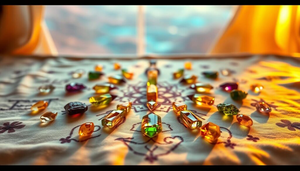 A harmonious crystal grid radiating abundance, featuring various gemstones like citrine, green aventurine, and amethyst arranged in intricate patterns over a soft, shimmering fabric. In the foreground, the sunlight catches the facets of the crystals, creating a kaleidoscope of colors—golden yellows, vibrant greens, and deep purples. The middle ground showcases hand-drawn symbols of prosperity etched lightly into the fabric, enhancing the sacred intention. In the background, a softly blurred dreamlike landscape infused with neon colors, suggesting an ethereal, otherworldly atmosphere. The lighting is warm and inviting, creating an uplifting mood that reflects positivity and wealth. The camera angle is slightly above the grid, offering a comprehensive view that emphasizes the beauty and energy of the arrangement. A harmonious crystal grid radiating abundance, featuring various gemstones like citrine, green aventurine, and amethyst arranged in intricate patterns over a soft, shimmering fabric. In the foreground, the sunlight catches the facets of the crystals, creating a kaleidoscope of colors—golden yellows, vibrant greens, and deep purples. The middle ground showcases hand-drawn symbols of prosperity etched lightly into the fabric, enhancing the sacred intention. In the background, a softly blurred dreamlike landscape infused with neon colors, suggesting an ethereal, otherworldly atmosphere. The lighting is warm and inviting, creating an uplifting mood that reflects positivity and wealth. The camera angle is slightly above the grid, offering a comprehensive view that emphasizes the beauty and energy of the arrangement.