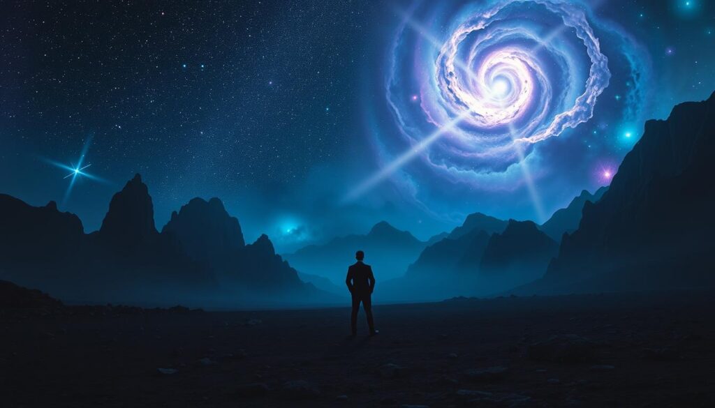 A hauntingly beautiful scene depicting the "dark night of the soul" concept. In the foreground, a solitary figure dressed in professional business attire stands on a desolate landscape, gazing up at a star-studded sky. The middle ground features jagged cliffs and rocky terrain bathed in ethereal neon colors—deep blues, purples, and hints of electric green—that add an otherworldly glow. In the background, a large, swirling nebula hints at chaos and transformation, with rays of light breaking through, symbolizing hope and rebirth. The atmosphere is both somber and transcendent, evoking a sense of struggle mixed with the glimmer of potential purpose. Use soft, diffused lighting to enhance the dreamlike quality, with a slight tilt to give a dramatic perspective, evoking a feeling of introspection and yearning. A hauntingly beautiful scene depicting the "dark night of the soul" concept. In the foreground, a solitary figure dressed in professional business attire stands on a desolate landscape, gazing up at a star-studded sky. The middle ground features jagged cliffs and rocky terrain bathed in ethereal neon colors—deep blues, purples, and hints of electric green—that add an otherworldly glow. In the background, a large, swirling nebula hints at chaos and transformation, with rays of light breaking through, symbolizing hope and rebirth. The atmosphere is both somber and transcendent, evoking a sense of struggle mixed with the glimmer of potential purpose. Use soft, diffused lighting to enhance the dreamlike quality, with a slight tilt to give a dramatic perspective, evoking a feeling of introspection and yearning.