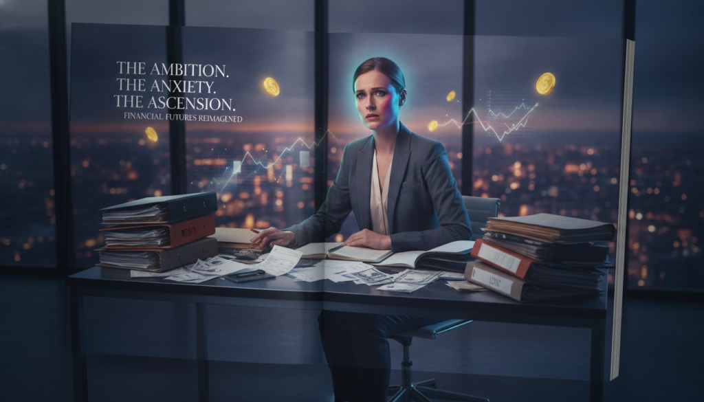 A high-end magazine advertisement featuring a Caucasian businesswoman in professional attire, sitting at a sleek desk cluttered with bills and financial documents, showing a mix of concern and determination. In the foreground, soft neon colors highlight her facial expression, reflecting the tension between money fears and aspirations. The middle layer depicts a blurred city skyline through a large window, symbolizing the financial reality outside. In the background, ethereal dreamcore elements like floating coins and abstract graphs suggest opportunities amid challenges. The lighting is dramatic, with a soft glow surrounding the subject, creating a moody atmosphere that captures the weight of financial fears while also hinting at hope and change. The perspective is a slightly angled shot, emphasizing both her and the environment.