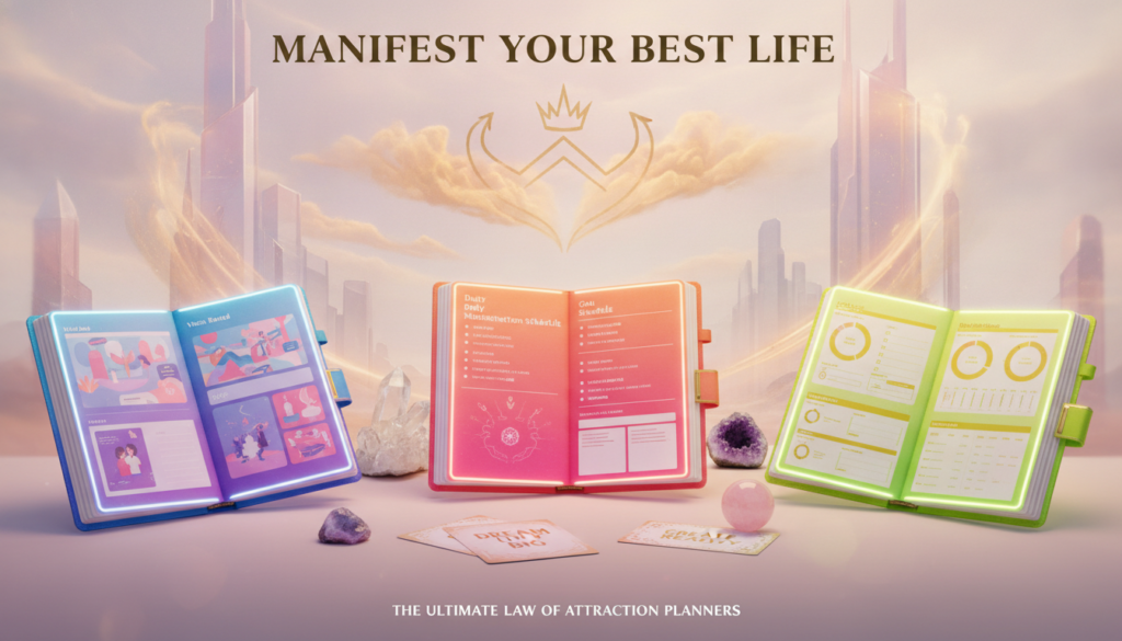 A high-end magazine advertisement featuring a comparison of various Law of Attraction planners for manifestation goals. In the foreground, display three elegant planners with vibrant, neon colors, each open to a different page showcasing a unique layout for goal setting. The middle ground should include subtle, artistic elements like manifestation crystals and motivational quotes partially visible. In the background, a dreamy, surreal landscape reflects concepts of ambition and success—with soft, ethereal lighting casting a warm glow over the scene. The atmosphere conveys positivity and inspiration, appealing to a trendy adult Gen Z audience. The composition should have a balanced perspective, with a slight blur effect at the edges to emphasize the planners in the foreground.
