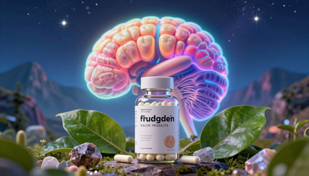 A high-end magazine advertisement featuring a visually striking arrangement of fluoride calcium supplements, symbolizing pineal health. In the foreground, a sleek glass bottle of supplements glistens under soft, neon lighting, surrounded by vibrant green leaves and minerals that suggest natural vitality. The middle ground showcases an abstract, ethereal representation of a pineal gland, illuminated with Dreamcore aesthetics and vivid colors, creating a tranquil yet energetic atmosphere. In the background, blurred shapes of mountains and a clear night sky filled with stars suggest spiritual connection and insight. The composition should emphasize balance and health, with a slightly surreal, dreamlike quality, evoking a sense of curiosity and empowerment without any text or human figures.