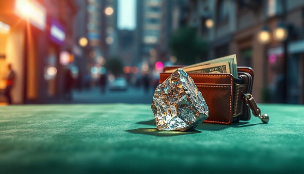 A high-end magazine advertisement showcasing a visually stunning composition of a pyrite crystal symbolizing wealth and abundance. In the foreground, a shimmering pyrite crystal sits elegantly on a luxurious velvet surface, reflecting soft, dreamlike neon colors that emanate a warm glow. In the middle ground, an open, stylish leather wallet is filled with lush green cash peeking out, enhancing the theme of attracting wealth. The background features a blurred urban setting with light flares, creating a lively and vibrant atmosphere, suggesting prosperity and financial success. The lighting is soft yet dynamic, focusing on the crystal and wallet, capturing the allure of financial magnetism. The scene should evoke a mood of richness, ambition, and modernity, appealing to an adult Gen Z audience.