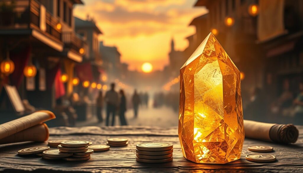 A high-end magazine advertisement showcasing the Merchant's Stone, or Citrine, with an alluring and mystical atmosphere. In the foreground, a large, brilliantly cut citrine crystal radiates warm golden hues, reflecting soft light. Surrounding it, delicate artifacts of trade such as ancient coins and parchment scrolls symbolize its historical significance. The middle ground features a blurred silhouette of a bustling marketplace from centuries past, infused with dreamcore aesthetics and vibrant neon colors. In the background, a faded sky hints at a sunset, imparting a sense of nostalgia and aspiration. The scene is bathed in soft, ethereal lighting for a magical effect, capturing the rich history and meanings behind the Merchant's Stone, perfect for engaging adult Gen Z readers. A high-end magazine advertisement showcasing the Merchant's Stone, or Citrine, with an alluring and mystical atmosphere. In the foreground, a large, brilliantly cut citrine crystal radiates warm golden hues, reflecting soft light. Surrounding it, delicate artifacts of trade such as ancient coins and parchment scrolls symbolize its historical significance. The middle ground features a blurred silhouette of a bustling marketplace from centuries past, infused with dreamcore aesthetics and vibrant neon colors. In the background, a faded sky hints at a sunset, imparting a sense of nostalgia and aspiration. The scene is bathed in soft, ethereal lighting for a magical effect, capturing the rich history and meanings behind the Merchant's Stone, perfect for engaging adult Gen Z readers.