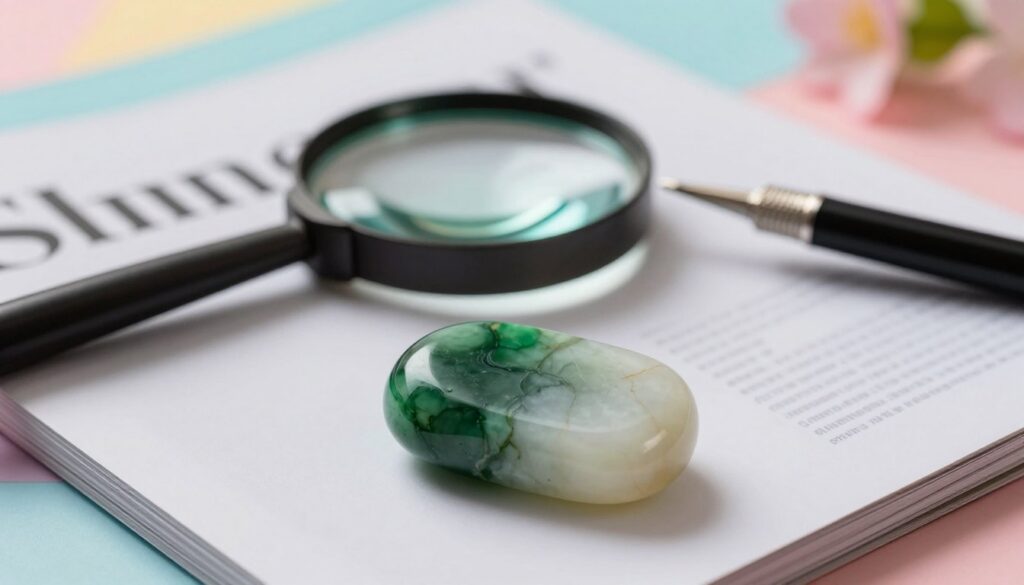 A high-end magazine advertisement showcasing the identification properties of jade stones, with a detailed focus on genuine jade. In the foreground, a polished jade stone with distinct color variations from deep green to translucent white displays intricate textures and natural patterns. The middle ground features a magnifying glass and gemstone identification tools, artistically arranged to highlight their use in evaluating jade quality. The background is softly blurred, presenting a dreamy, neon color palette that evokes the essence of prosperity and serenity. Warm, diffused lighting enhances the gem's natural beauty, while a shallow depth of field adds a contemporary, sophisticated touch. The overall atmosphere is inviting and luxurious, perfect for captivating an adult Gen Z audience interested in gemstones and their benefits.
