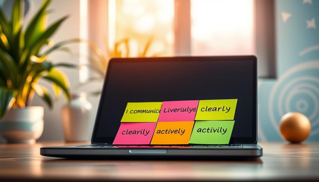 A high-end magazine advertisement style image featuring a serene and vibrant workspace with a modern aesthetic. In the foreground, a stylish laptop is open, displaying colorful sticky notes with positive affirmations about healthy communication, such as “I communicate clearly” and “I listen actively,” in bright neon colors. The background features soft, blurred plants and an inviting window with natural light streaming in, creating a warm and uplifting atmosphere. A hint of abstract dreamcore elements, like swirling patterns and geometric shapes in pastel tones, fills the backdrop, enhancing the mood of positivity and empowerment. The composition is well-lit, focusing on the affirmations, with a shallow depth of field to bring emphasis on the positive messages while maintaining a professional look.