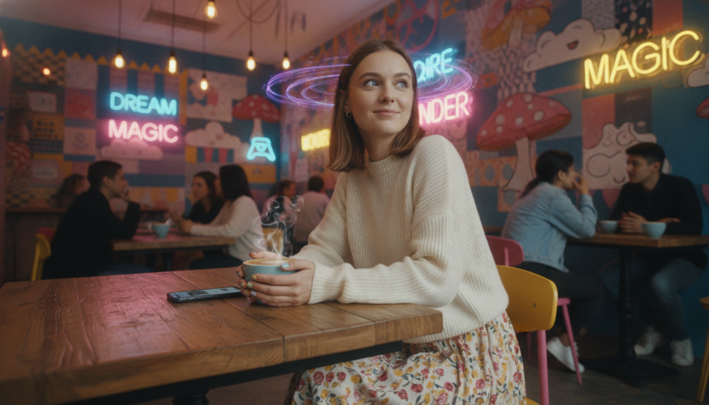 A high-energy, vibrant scene depicting a young adult Caucasian woman in stylish, modest casual clothing, sitting at a cozy coffee shop. She has an expectant expression, glancing away from her phone with a hint of a smile, as if using her mind to encourage someone to text her. The foreground shows her hands poised delicately around her drink, with the phone visible on the table. The middle ground features colorful dreamcore-inspired decor with neon lights subtly illuminating the space. In the background, other patrons engage in conversation, slightly blurred to convey a bustling atmosphere. The lighting is warm and inviting, casting soft shadows, creating a hopeful, energetic mood. The composition is shot at a slight angle, emphasizing her hopeful gaze and the vibrant surroundings. A high-energy, vibrant scene depicting a young adult Caucasian woman in stylish, modest casual clothing, sitting at a cozy coffee shop. She has an expectant expression, glancing away from her phone with a hint of a smile, as if using her mind to encourage someone to text her. The foreground shows her hands poised delicately around her drink, with the phone visible on the table. The middle ground features colorful dreamcore-inspired decor with neon lights subtly illuminating the space. In the background, other patrons engage in conversation, slightly blurred to convey a bustling atmosphere. The lighting is warm and inviting, casting soft shadows, creating a hopeful, energetic mood. The composition is shot at a slight angle, emphasizing her hopeful gaze and the vibrant surroundings.