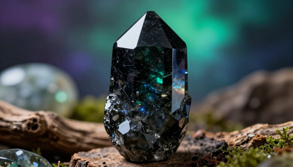 A high-resolution image of a stunning black tourmaline crystal, prominently displayed in the foreground with intricate facets catching the light. The crystal should convey a sense of strength and protection, with rich, glossy surfaces that reflect hints of deep, shimmering greens and blues. In the middle ground, soft, blurred elements such as a subtle arrangement of other gemstones or natural materials like wood and moss help frame the crystal, adding a sense of nature. The background features a dark, atmospheric gradient with hints of dreamcore neon colors that create an ethereal glow, enhancing the crystal's mystical properties. The lighting should be dramatic, casting soft shadows and highlighting the surface texture of the tourmaline, evoking a serene yet powerful mood suitable for an elegant magazine advertisement. A high-resolution image of a stunning black tourmaline crystal, prominently displayed in the foreground with intricate facets catching the light. The crystal should convey a sense of strength and protection, with rich, glossy surfaces that reflect hints of deep, shimmering greens and blues. In the middle ground, soft, blurred elements such as a subtle arrangement of other gemstones or natural materials like wood and moss help frame the crystal, adding a sense of nature. The background features a dark, atmospheric gradient with hints of dreamcore neon colors that create an ethereal glow, enhancing the crystal's mystical properties. The lighting should be dramatic, casting soft shadows and highlighting the surface texture of the tourmaline, evoking a serene yet powerful mood suitable for an elegant magazine advertisement.