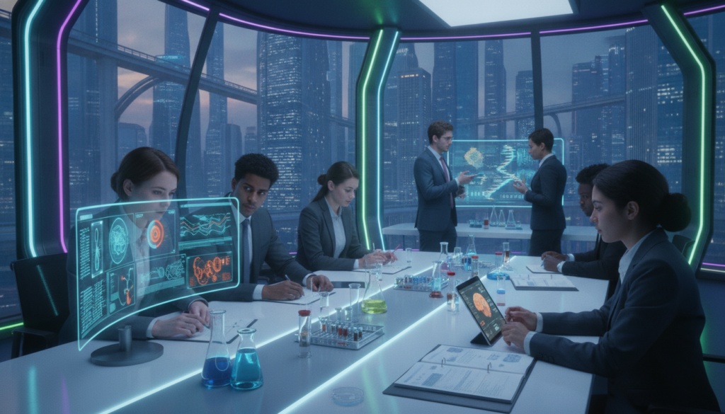 A high-tech laboratory setting, vividly illuminated with neon colors, showcasing a diverse group of adult Gen Z researchers in professional business attire, deeply engaged in placebo research and clinical trials. In the foreground, a group of three researchers examines data on glowing digital screens, focused expressions highlighting their collaboration. The middle ground features a sleek modern table with vials and clinical trial documents spread out, emphasizing a scientific environment of innovation and inquiry. The background reveals large windows showcasing a futuristic cityscape, giving a sense of real-world application and modernity. Soft, ambient lighting casts intriguing shadows, creating an atmosphere of excitement and anticipation for breakthroughs in placebo effects. The overall mood should be inspiring and cutting-edge, reflecting the intersection of science and innovation.