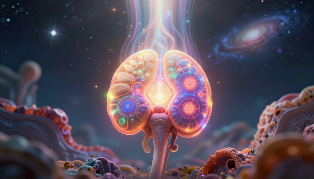 A highly detailed, dreamlike representation of a pineal gland, prominently displayed in the foreground, glowing with luminescent, neon colors. The gland is surrounded by intricate patterns symbolizing energy and spirituality, alluding to its role in melatonin production. In the middle ground, soft, ethereal light cascades from above, creating a mystical atmosphere, while abstract representations of calcification surround the gland, illustrating the process of deterioration. The background features a softly blurred cosmic landscape, filled with stars and swirling galaxies, enhancing the theme of spiritual awakening. The overall mood is one of enlightenment and urgency, inviting contemplation and curiosity. The lighting is radiant, with a focus on vibrant contrast, resembling a high-end magazine advertisement aimed at an adult Gen Z audience.