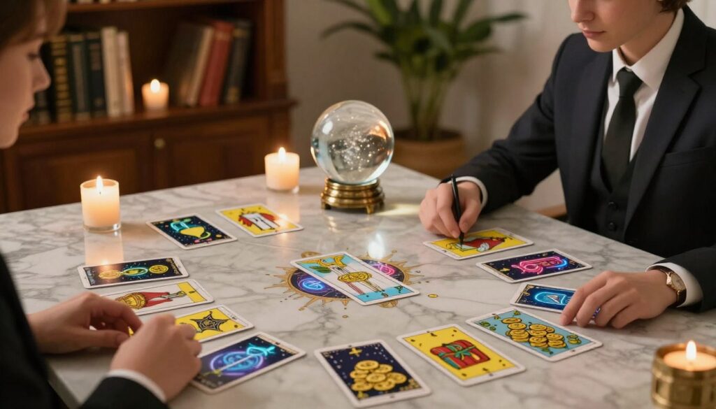 A lavishly designed tarot card spread displayed on a polished, marble table. The cards, intricately illustrated with neon colors, showcase symbols of wealth and prosperity, such as coins and treasure chests. In the foreground, a well-dressed adult Gen Z individual with Caucasian features contemplates the cards, dressed in elegant, professional attire. The middle ground features a softly glowing crystal ball and flickering candles that enhance the mystical vibe. In the background, an ornate bookshelf filled with esoteric books and plants adds depth and warmth to the scene. Soft, ambient lighting casts gentle shadows, creating a serene and reflective atmosphere, inviting viewers to explore their daily financial insights through tarot. A lavishly designed tarot card spread displayed on a polished, marble table. The cards, intricately illustrated with neon colors, showcase symbols of wealth and prosperity, such as coins and treasure chests. In the foreground, a well-dressed adult Gen Z individual with Caucasian features contemplates the cards, dressed in elegant, professional attire. The middle ground features a softly glowing crystal ball and flickering candles that enhance the mystical vibe. In the background, an ornate bookshelf filled with esoteric books and plants adds depth and warmth to the scene. Soft, ambient lighting casts gentle shadows, creating a serene and reflective atmosphere, inviting viewers to explore their daily financial insights through tarot.