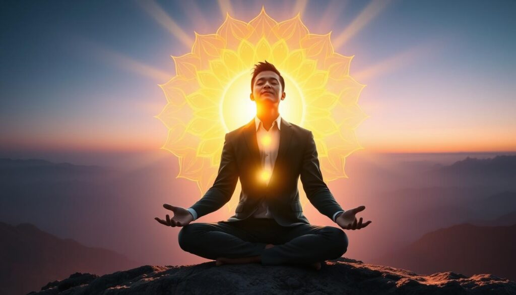 A luminous solar plexus chakra, radiating vibrant yellow and gold energy, positioned at the center of the image. In the foreground, an adult Gen Z individual, dressed in professional business attire, exudes confidence while meditating, surrounded by swirling patterns of light and energy that symbolize personal empowerment. The middle layer showcases an ethereal landscape infused with dreamcore aesthetics, incorporating abstract shapes and soft neon colors, blending harmoniously to evoke a sense of serenity and focus. The background features a soft gradient transitioning from deep blue to soft lavender, suggesting a tranquil sky at dusk. The ambiance is uplifting and inspiring, with gentle rays of light highlighting the chakra's brilliance, creating an atmosphere of strength and inner peace. The composition is shot with a subtle lens flare, adding a touch of magic to the scene. A luminous solar plexus chakra, radiating vibrant yellow and gold energy, positioned at the center of the image. In the foreground, an adult Gen Z individual, dressed in professional business attire, exudes confidence while meditating, surrounded by swirling patterns of light and energy that symbolize personal empowerment. The middle layer showcases an ethereal landscape infused with dreamcore aesthetics, incorporating abstract shapes and soft neon colors, blending harmoniously to evoke a sense of serenity and focus. The background features a soft gradient transitioning from deep blue to soft lavender, suggesting a tranquil sky at dusk. The ambiance is uplifting and inspiring, with gentle rays of light highlighting the chakra's brilliance, creating an atmosphere of strength and inner peace. The composition is shot with a subtle lens flare, adding a touch of magic to the scene.