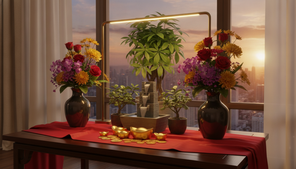 A luxurious and inviting wealth corner inspired by Feng Shui principles, featuring a beautifully arranged tabletop with shimmering gold coins, a small indoor water fountain gently cascading water, and lush green plants symbolizing growth. The foreground includes a polished mahogany table adorned with a vibrant red cloth, representing prosperity, flanked by sleek, modern vases filled with colorful flowers. In the middle, soft ambient lighting creates an atmosphere of tranquility, highlighting the richness of textures and colors. The background showcases a serene view through a large window, revealing a skyline bathed in warm sunset hues, casting a soft glow. The overall mood is harmonious and aspirational, aimed at attracting wealth and abundance. A luxurious and inviting wealth corner inspired by Feng Shui principles, featuring a beautifully arranged tabletop with shimmering gold coins, a small indoor water fountain gently cascading water, and lush green plants symbolizing growth. The foreground includes a polished mahogany table adorned with a vibrant red cloth, representing prosperity, flanked by sleek, modern vases filled with colorful flowers. In the middle, soft ambient lighting creates an atmosphere of tranquility, highlighting the richness of textures and colors. The background showcases a serene view through a large window, revealing a skyline bathed in warm sunset hues, casting a soft glow. The overall mood is harmonious and aspirational, aimed at attracting wealth and abundance.