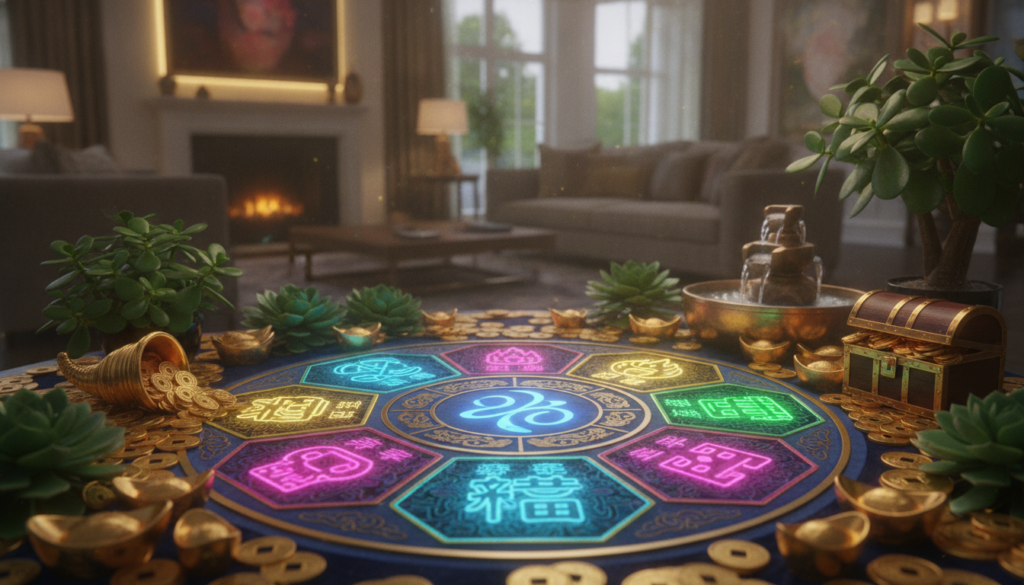 A luxurious and vibrant representation of a wealth corner Bagua map, intricately designed with colorful, dreamlike patterns in neon hues. In the foreground, showcase the Bagua map as a central focus, its eight sections clearly delineated with symbols for prosperity, fame, and abundance. In the middle ground, incorporate elements such as golden coins, lush greenery, and jade plants, suggesting wealth and growth. The background features a softly blurred, elegant home environment, illuminated with soft, warm lighting to create a welcoming and prosperous atmosphere. The scene captures a sense of tranquility and richness, evoking feelings of serenity and abundance, perfect for guiding viewers in their Feng Shui journey. A luxurious and vibrant representation of a wealth corner Bagua map, intricately designed with colorful, dreamlike patterns in neon hues. In the foreground, showcase the Bagua map as a central focus, its eight sections clearly delineated with symbols for prosperity, fame, and abundance. In the middle ground, incorporate elements such as golden coins, lush greenery, and jade plants, suggesting wealth and growth. The background features a softly blurred, elegant home environment, illuminated with soft, warm lighting to create a welcoming and prosperous atmosphere. The scene captures a sense of tranquility and richness, evoking feelings of serenity and abundance, perfect for guiding viewers in their Feng Shui journey.