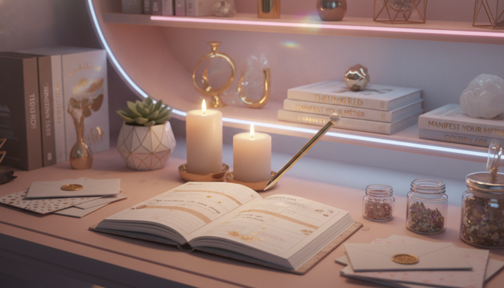 A luxurious, dreamlike workspace featuring a beautifully arranged manifestation journal open to pages with prompts, surrounded by elegant stationery and gold accents. The foreground showcases a stylish pen poised above the journal, while the middle layer includes ornate candles and a small, decorative plant, adding a touch of nature. In the background, there are soft, neon-lit shelves filled with inspiring books and shimmering decor that evoke an atmosphere of abundance. The lighting is soft and ethereal, with a warm glow that highlights the richness of the scene. The overall mood is aspirational and serene, designed to resonate with a young, adult Gen Z audience seeking to define their version of riches.