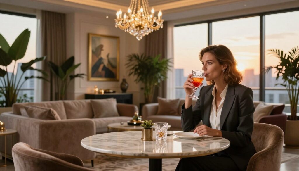 A luxurious flat interior with a blend of modern and classic decor, rich in textures with plush furnishings and lush houseplants. In the foreground, a stylish, caucasian woman dressed in elegant professional attire sits at a sleek marble table, sipping a vibrant drink served in a crystal glass. In the middle, an ornate chandelier casts a warm, inviting glow over sophisticated art pieces, showcasing a balance of opulence and comfort. The background reveals large windows with city skyline views, flooded with soft, golden light of a sunset. The entire atmosphere radiates ambition and elegance, employing a soft-focus lens effect to enhance the serene, lavish ambiance, embodying the essence of luxury through everyday choices. A luxurious flat interior with a blend of modern and classic decor, rich in textures with plush furnishings and lush houseplants. In the foreground, a stylish, caucasian woman dressed in elegant professional attire sits at a sleek marble table, sipping a vibrant drink served in a crystal glass. In the middle, an ornate chandelier casts a warm, inviting glow over sophisticated art pieces, showcasing a balance of opulence and comfort. The background reveals large windows with city skyline views, flooded with soft, golden light of a sunset. The entire atmosphere radiates ambition and elegance, employing a soft-focus lens effect to enhance the serene, lavish ambiance, embodying the essence of luxury through everyday choices.