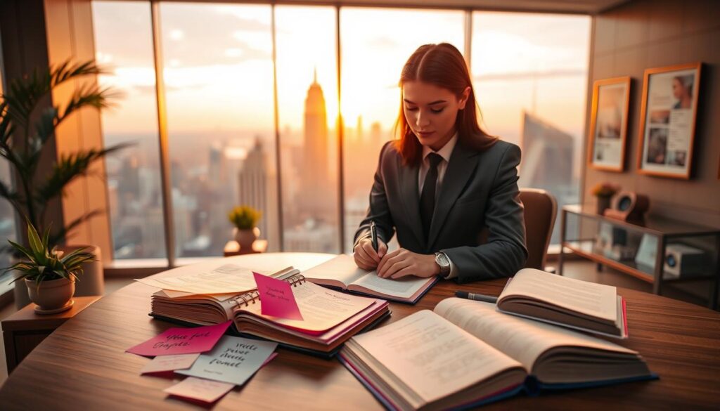 A luxurious office space with a panoramic view of a city skyline during sunset, bathed in soft golden light. In the foreground, a stylish wooden desk filled with vibrant notes and open gratitude journals, representing millionaire goals and financial plans. A young adult dressed in professional business attire, confidently writing in a journal, embodying ambition and focus. The middle ground features elegant decorative items like plants and motivational artwork on the walls. The background showcases skyscrapers with twinkling lights, hinting at financial success and opportunity. The atmosphere is motivational and aspirational, enhanced by a dreamy, neon color palette. The scene is well-composed, shot with a slightly blurred bokeh effect to emphasize the subject and create depth. A luxurious office space with a panoramic view of a city skyline during sunset, bathed in soft golden light. In the foreground, a stylish wooden desk filled with vibrant notes and open gratitude journals, representing millionaire goals and financial plans. A young adult dressed in professional business attire, confidently writing in a journal, embodying ambition and focus. The middle ground features elegant decorative items like plants and motivational artwork on the walls. The background showcases skyscrapers with twinkling lights, hinting at financial success and opportunity. The atmosphere is motivational and aspirational, enhanced by a dreamy, neon color palette. The scene is well-composed, shot with a slightly blurred bokeh effect to emphasize the subject and create depth.