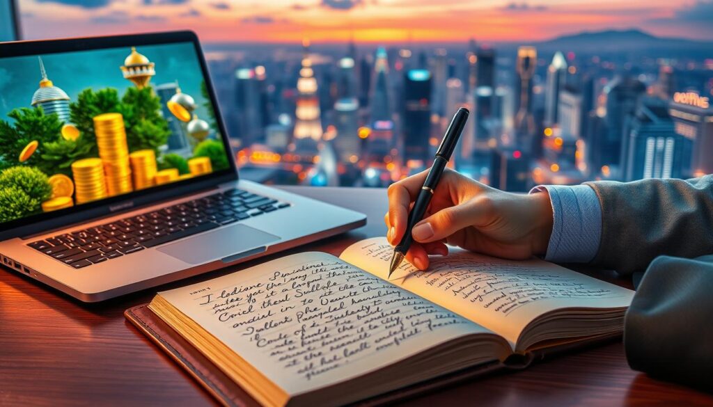 A luxurious writing desk adorned with a sleek laptop and an open leather-bound journal filled with elegant handwriting that reflects a vision of wealth. In the foreground, a pair of hands, dressed in professional business attire, write passionately with a fountain pen, capturing dreams in present tense. The middle ground features an array of inspiring visuals: gold coins, modern architectural marvels, and lush greenery symbolizing abundance. The background is a vibrant city skyline at sunset, bathed in warm, neon colors that exude a sense of optimism and achievement. The soft glow of ambient lighting creates a motivational atmosphere, emphasizing creativity and ambition. The composition should evoke feelings of aspiration and success while remaining tasteful and professional.