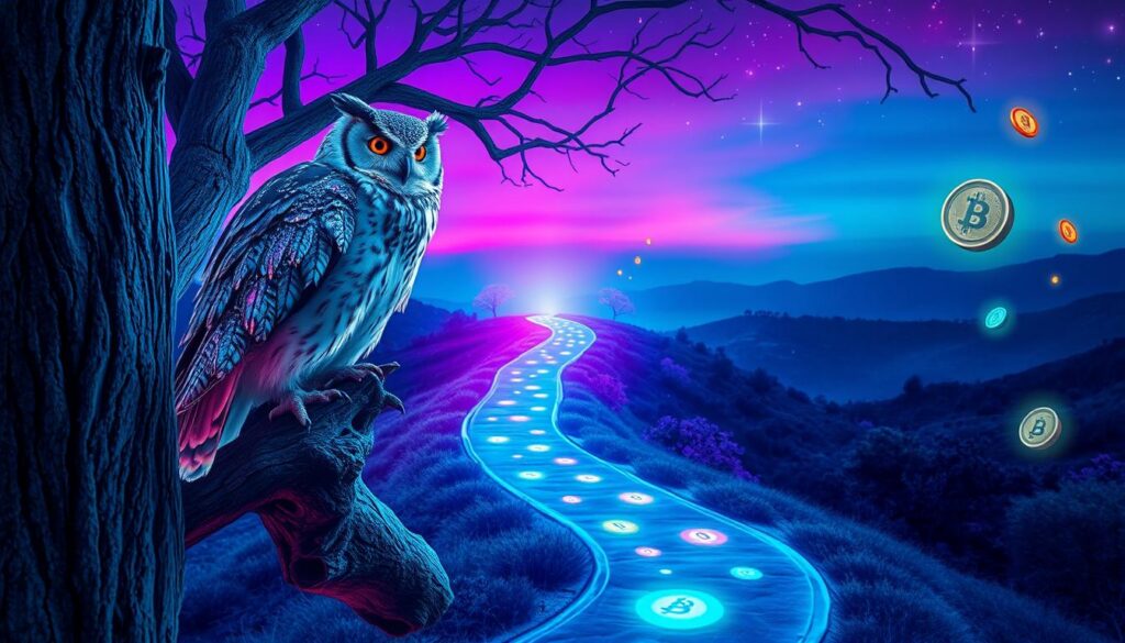 A majestic spirit animal, a wise owl with shimmering, iridescent feathers, perches on an ancient, gnarled tree branch in the foreground, gazing intently ahead. The middle ground features a winding path illuminated by soft, ethereal light, leading through a surreal landscape of vibrant neon colors and dreamcore elements like floating geometric shapes and glimmering coins. In the background, a serene twilight sky blends shades of deep purple and teal, dotted with twinkling stars. The mood is mystical yet empowering, suggesting guidance and wealth. The composition is framed with a soft-focus lens effect, creating a sense of depth and enchantment, while the overall lighting enhances the magical atmosphere, drawing the viewer into this financial journey. A majestic spirit animal, a wise owl with shimmering, iridescent feathers, perches on an ancient, gnarled tree branch in the foreground, gazing intently ahead. The middle ground features a winding path illuminated by soft, ethereal light, leading through a surreal landscape of vibrant neon colors and dreamcore elements like floating geometric shapes and glimmering coins. In the background, a serene twilight sky blends shades of deep purple and teal, dotted with twinkling stars. The mood is mystical yet empowering, suggesting guidance and wealth. The composition is framed with a soft-focus lens effect, creating a sense of depth and enchantment, while the overall lighting enhances the magical atmosphere, drawing the viewer into this financial journey.