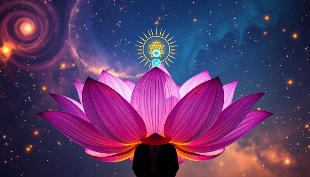 A mesmerizing Sahasrara lotus, elegantly blossoming at the top of a radiant, ethereal figure, symbolizes the crown chakra connecting to the universe. In the foreground, the lotus petals shimmer in iridescent hues of violet and gold, delicately unfolding to reveal intricate patterns. The middle section features a human silhouette adorned in professional attire, standing majestically beneath a vivid cosmic backdrop filled with swirling galaxies, stars, and ethereal light. The lighting is soft yet vibrant, casting a serene glow on the figure while highlighting the lotus and chakra. The atmosphere is mystical and inspiring, inviting viewers to connect with higher consciousness. Capture this scene from a slightly low-angle perspective to emphasize the grandeur of the lotus and its spiritual significance in a dreamcore aesthetic featuring neon colors. A mesmerizing Sahasrara lotus, elegantly blossoming at the top of a radiant, ethereal figure, symbolizes the crown chakra connecting to the universe. In the foreground, the lotus petals shimmer in iridescent hues of violet and gold, delicately unfolding to reveal intricate patterns. The middle section features a human silhouette adorned in professional attire, standing majestically beneath a vivid cosmic backdrop filled with swirling galaxies, stars, and ethereal light. The lighting is soft yet vibrant, casting a serene glow on the figure while highlighting the lotus and chakra. The atmosphere is mystical and inspiring, inviting viewers to connect with higher consciousness. Capture this scene from a slightly low-angle perspective to emphasize the grandeur of the lotus and its spiritual significance in a dreamcore aesthetic featuring neon colors.
