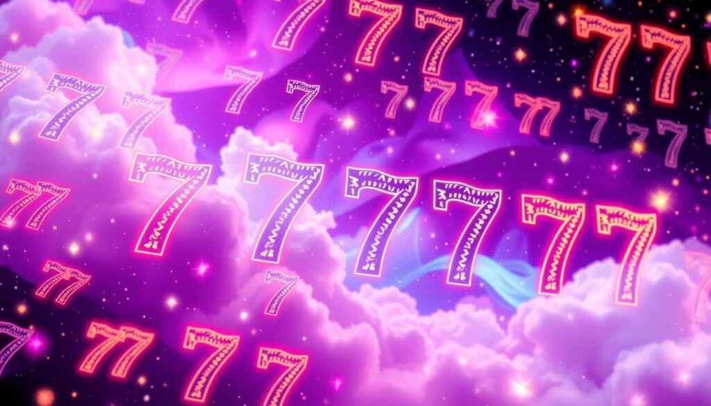 A mesmerizing arrangement of repeating angel number patterns, prominently featuring the number "777", envisioned in a vibrant, dreamcore style. In the foreground, intricately designed numbers float in a kaleidoscope of neon colors, radiating light and energy. The middle layer showcases a soft, ethereal background filled with abstract cloud-like forms and sparkling stars, creating an enchanting cosmic atmosphere. The scene is illuminated with luminous, ambient lighting, producing a surreal glow. The camera angle offers a slightly tilted view, enhancing the feeling of movement and flow within the pattern. Overall, the mood should be mystical and uplifting, reflecting the essence of luck and serendipity associated with the number 777.