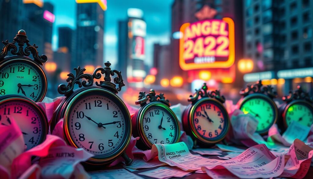 A mesmerizing composition featuring a surreal arrangement of clocks and receipts filled with repeating angel numbers. In the foreground, several ornate clocks displaying mystical numbers like 111, 222, and 333 are intermingled with colorful, crumpled receipts showcasing these same patterns, creating a striking visual link. The middle ground showcases a translucent sheen that glimmers with neon colors, imparting a dreamlike quality. The background features a softly blurred urban cityscape at dusk, painted in subdued blues and purples, enhancing the ethereal atmosphere. The lighting is soft yet vivid, mimicking the glow of neon signs, creating an enchanting and whimsical feeling. Capture this scene from a slightly elevated angle to envelop the viewer, infusing a sense of wonder and curiosity about the phenomenon of angel numbers.