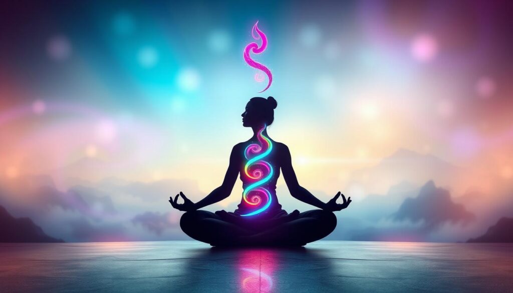 A mesmerizing depiction of Kundalini energy awakening, showcasing a vibrant energy serpent coiling up a stylized human silhouette positioned in a meditative pose. In the foreground, the silhouette is adorned in modest, flowing attire, with an expression of serene focus. The middle ground features swirling, colorful energy patterns in neon hues, depicting the flow of Kundalini rising along the spine. The background is an ethereal, dreamlike landscape, blending abstract forms with soft gradients of blue, purple, and gold light, creating an otherworldly atmosphere. The lighting is soft yet luminous, casting gentle glows around the energy patterns. Use a high-angle lens effect to emphasize the dramatic rise of energy, creating a sense of upward motion and awakening. A mesmerizing depiction of Kundalini energy awakening, showcasing a vibrant energy serpent coiling up a stylized human silhouette positioned in a meditative pose. In the foreground, the silhouette is adorned in modest, flowing attire, with an expression of serene focus. The middle ground features swirling, colorful energy patterns in neon hues, depicting the flow of Kundalini rising along the spine. The background is an ethereal, dreamlike landscape, blending abstract forms with soft gradients of blue, purple, and gold light, creating an otherworldly atmosphere. The lighting is soft yet luminous, casting gentle glows around the energy patterns. Use a high-angle lens effect to emphasize the dramatic rise of energy, creating a sense of upward motion and awakening.