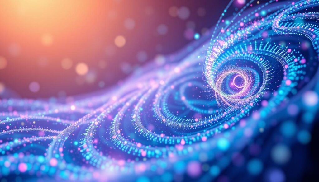 A mesmerizing depiction of subatomic motion frequency, showcasing intricate energy waves and particle movements in a vibrant, dreamlike style. In the foreground, visualize swirling clusters of glowing particles swirling in a dynamic dance, radiating neon colors of blue, purple, and green that represent the vibration of thoughts. The middle ground features a soft-focus representation of a gradient background that fades into a cosmic abyss, with faint stars and ethereal lights to enhance the otherworldly atmosphere. The lighting is soft yet intense, casting luminescent glows that create a sense of depth. Utilize a slight tilt in perspective, akin to an extreme close-up with a macro lens, to evoke a sense of awe and wonder. The mood is invigorating and inspiring, capturing the essence of the law of vibration in a visually stunning manner. A mesmerizing depiction of subatomic motion frequency, showcasing intricate energy waves and particle movements in a vibrant, dreamlike style. In the foreground, visualize swirling clusters of glowing particles swirling in a dynamic dance, radiating neon colors of blue, purple, and green that represent the vibration of thoughts. The middle ground features a soft-focus representation of a gradient background that fades into a cosmic abyss, with faint stars and ethereal lights to enhance the otherworldly atmosphere. The lighting is soft yet intense, casting luminescent glows that create a sense of depth. Utilize a slight tilt in perspective, akin to an extreme close-up with a macro lens, to evoke a sense of awe and wonder. The mood is invigorating and inspiring, capturing the essence of the law of vibration in a visually stunning manner.