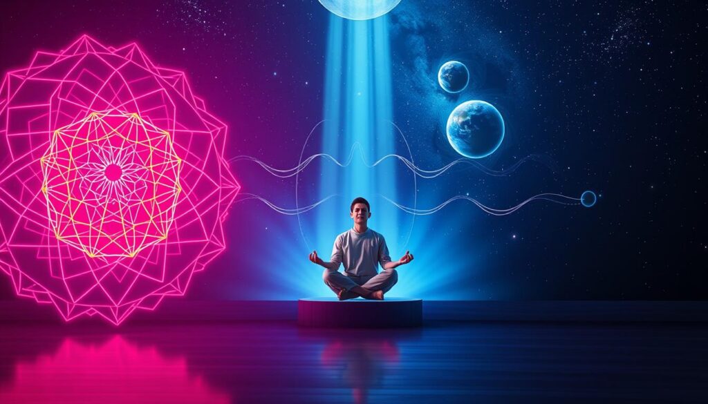 A mesmerizing digital artwork representing the profound history and spiritual symbolism of 432 Hz. In the foreground, an intricate geometric pattern reminiscent of sacred geometry, glowing softly in vibrant neon colors. The middle ground features a serene figure meditating, dressed in modest casual clothing, surrounded by delicate sound waves that visually pulse with energy, symbolizing the resonance of 432 Hz. The background reveals a dreamy cosmos filled with stars, intertwining planets, and ethereal light, suggesting a connection to the universe. The lighting is soft and ambient, casting gentle shadows that enhance the mystique of the scene. The overall mood is serene and contemplative, inviting the viewer to reflect on the deeper significance of sound frequency in a spiritual context. A mesmerizing digital artwork representing the profound history and spiritual symbolism of 432 Hz. In the foreground, an intricate geometric pattern reminiscent of sacred geometry, glowing softly in vibrant neon colors. The middle ground features a serene figure meditating, dressed in modest casual clothing, surrounded by delicate sound waves that visually pulse with energy, symbolizing the resonance of 432 Hz. The background reveals a dreamy cosmos filled with stars, intertwining planets, and ethereal light, suggesting a connection to the universe. The lighting is soft and ambient, casting gentle shadows that enhance the mystique of the scene. The overall mood is serene and contemplative, inviting the viewer to reflect on the deeper significance of sound frequency in a spiritual context.