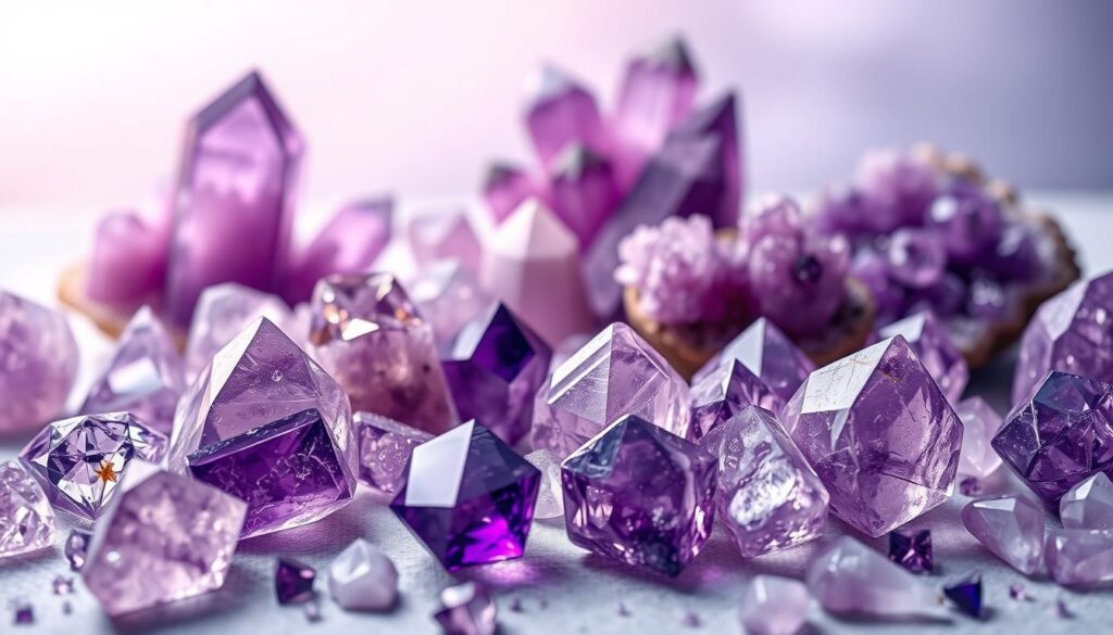 A mesmerizing display of various amethyst crystal quartz formations, showcasing their rich purple hues and intricate geometric structures. In the foreground, several polished amethyst points glisten with facets catching soft light, creating a sparkling effect. The middle ground features clusters of raw amethyst crystals, emphasizing their natural beauty with jagged edges and deep shades of violet. In the background, a dreamy, ethereal atmosphere is achieved with a softly blurred gradient of pastel colors reflecting the serene and calming nature of amethyst. The lighting is soft and diffused, reminiscent of twilight, enhancing the tranquil mood and inviting a sense of peace. A high-angle view captures the elegance of the crystals, creating a luxurious, high-end magazine advertisement feel that appeals to young adult audiences. A mesmerizing display of various amethyst crystal quartz formations, showcasing their rich purple hues and intricate geometric structures. In the foreground, several polished amethyst points glisten with facets catching soft light, creating a sparkling effect. The middle ground features clusters of raw amethyst crystals, emphasizing their natural beauty with jagged edges and deep shades of violet. In the background, a dreamy, ethereal atmosphere is achieved with a softly blurred gradient of pastel colors reflecting the serene and calming nature of amethyst. The lighting is soft and diffused, reminiscent of twilight, enhancing the tranquil mood and inviting a sense of peace. A high-angle view captures the elegance of the crystals, creating a luxurious, high-end magazine advertisement feel that appeals to young adult audiences.