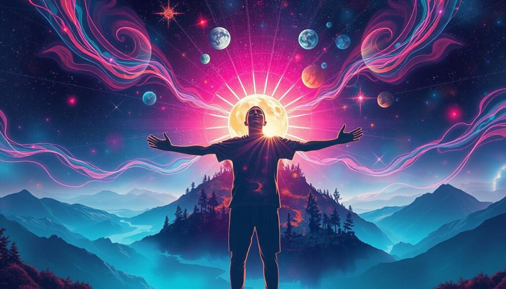 A mesmerizing dreamcore illustration of nonduality and interconnectedness with the universe. In the foreground, an ethereal figure in modest casual attire stands with arms wide open, absorbing vibrant cosmic energies represented by swirling neon patterns and starry lights. The middle layer showcases abstract forms of nature—trees, rivers, and mountains—all seamlessly merging into celestial elements like planets and galaxies. In the background, a stunning cosmic landscape bursts with vivid colors, creating a sense of harmony and unity. Soft, luminescent lighting enhances the surreal atmosphere, inviting viewers to feel linked with the universe. The angle captures a slightly elevated perspective, immersing the observer in this transcendent scene, embodying the essence of being one with the cosmos. A mesmerizing dreamcore illustration of nonduality and interconnectedness with the universe. In the foreground, an ethereal figure in modest casual attire stands with arms wide open, absorbing vibrant cosmic energies represented by swirling neon patterns and starry lights. The middle layer showcases abstract forms of nature—trees, rivers, and mountains—all seamlessly merging into celestial elements like planets and galaxies. In the background, a stunning cosmic landscape bursts with vivid colors, creating a sense of harmony and unity. Soft, luminescent lighting enhances the surreal atmosphere, inviting viewers to feel linked with the universe. The angle captures a slightly elevated perspective, immersing the observer in this transcendent scene, embodying the essence of being one with the cosmos.