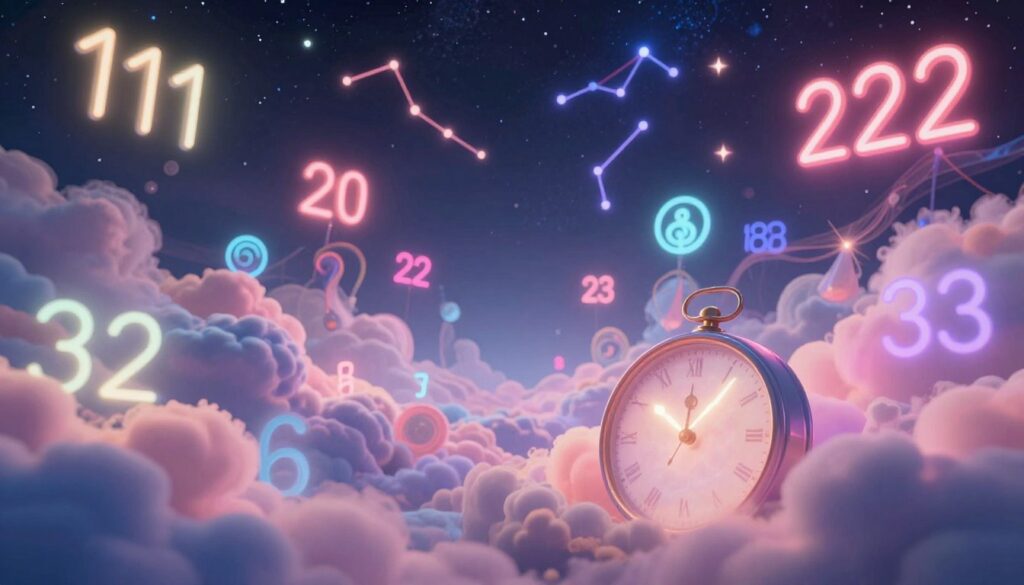 A mesmerizing dreamcore landscape filled with vibrant neon numbers, prominently featuring repeating angel numbers like 111, 222, and 333. In the foreground, an ethereal clock with glowing hands ticks softly, surrounded by swirling clouds of pastel colors. The middle ground reveals abstract representations of various angelic symbols, enveloped in soft light, creating an otherworldly feel. In the background, a starry night sky twinkles with constellations that subtly form numerical patterns. The atmosphere is serene yet magical, illuminated by soft, ambient lighting, creating a sense of hope and anticipation. The composition should evoke a feeling of connection to the universe and the promise of manifestation, captured in a high-resolution, editorial-style image. The perspective is slightly tilted to add depth, as if inviting the viewer into this mystical scene.